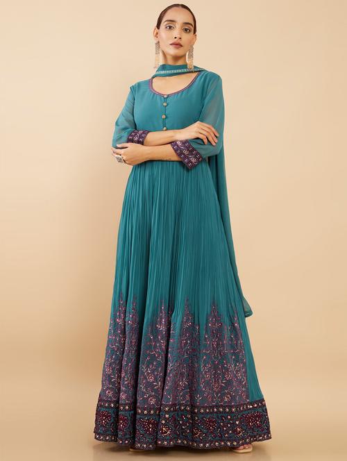 teal embroidered long kurta pajama with dupatta set - 18931024 - Very Small Image - 1