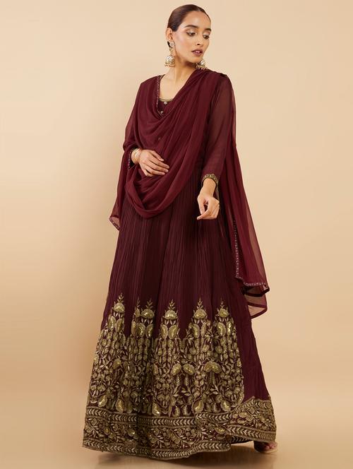 maroon embroidered flared ethnic dress - 18931026 - Very Small Image - 1