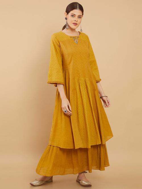 yellow cotton flared ethnic dress - 18931028 - Very Small Image - 1