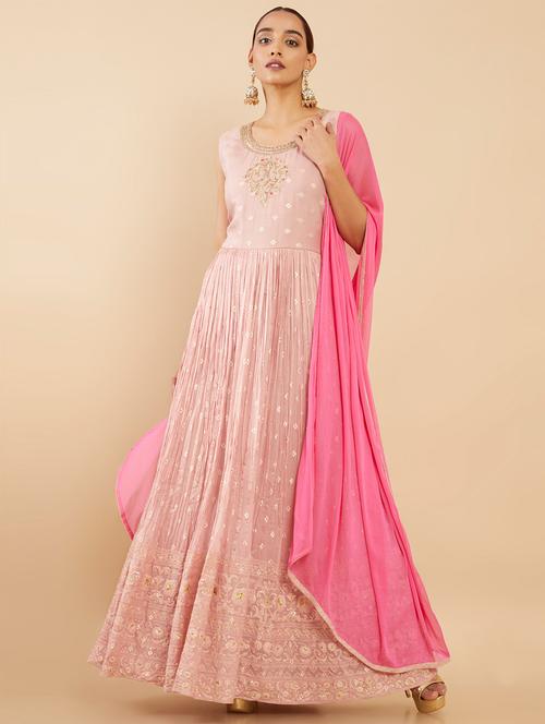 pink georgette flared ethnic dress - 18931029 - Very Small Image - 1