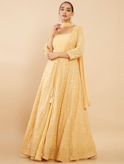 yellow embroidered flared long kurta & dupatta set - 18931032 - Very Small Image - 1