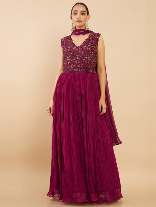 purple georgette flared ethnic dress - 18931042 - Very Small Image - 1