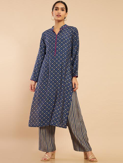 women blue geometric printed kurta palazzo set - 18931414 - Very Small Image - 1