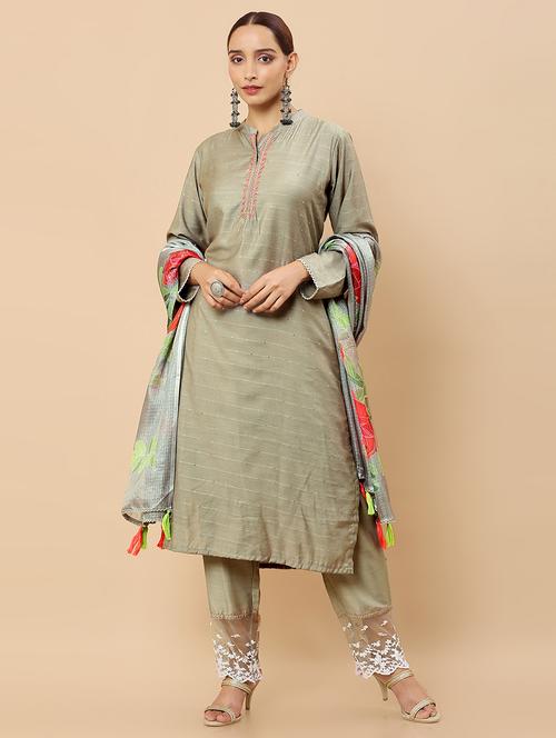 olive solid chanderi suit set - 18931432 - Very Small Image - 1