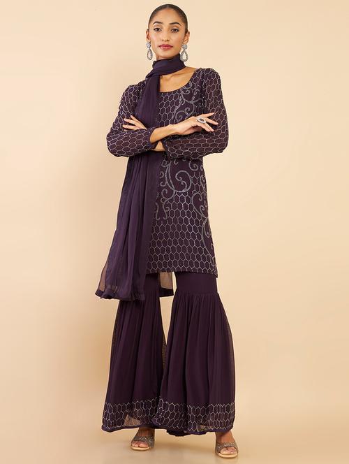 purple printed sharara suit set - 18931439 - Very Small Image - 1