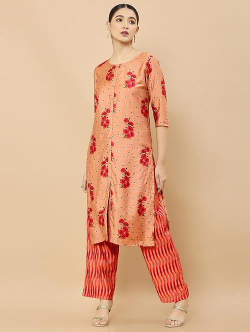peach printed chanderi suit set - 18931460 - Very Small Image - 1