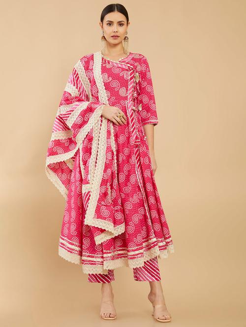 pink bandhani suit set - 18931808 - Very Small Image - 1