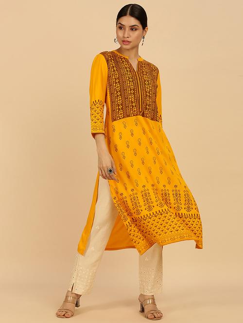 yellow coloured printed kurta pant set - 18931980 - Very Small Image - 1