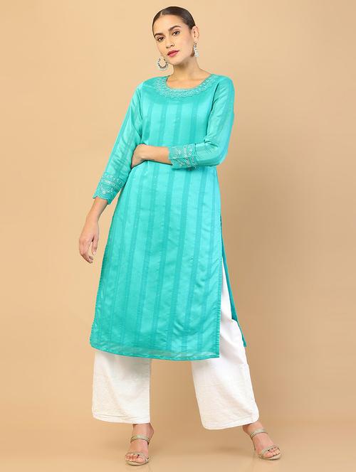 turquoise embroidered straight kurta - 18932013 - Very Small Image - 1