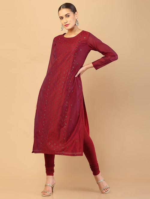 maroon coloured embroidered kurta pant set - 18932022 - Very Small Image - 1