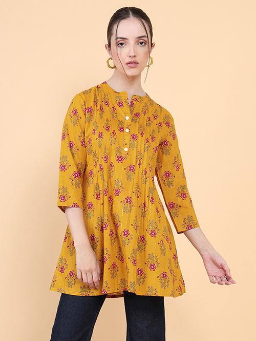 yellow three quarter sleeve a-line printed tunic - 18932390 - Very Small Image - 1