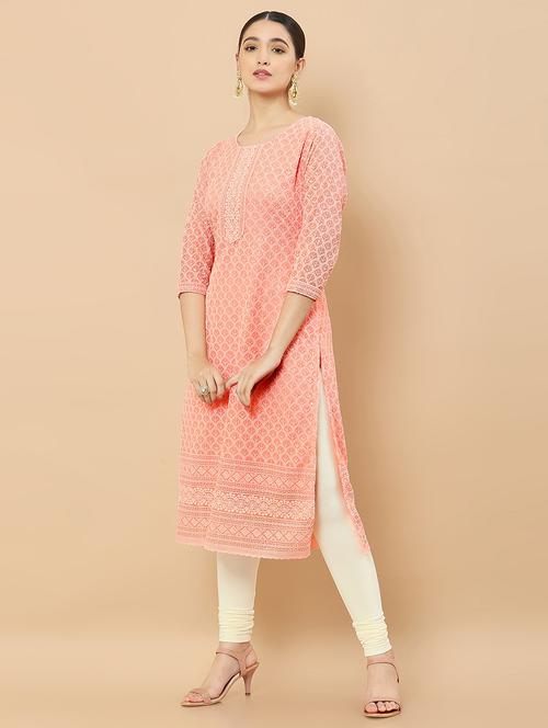 peach coloured jacquard a-line kurta - 18932447 - Very Small Image - 1