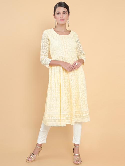 yellow coloured jacquard a-line kurta - 18932460 - Very Small Image - 1