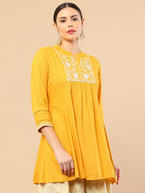 yellow coloured embroidered a-line kurta - 18932481 - Very Small Image - 1