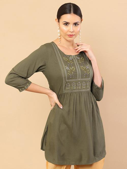 olive green coloured embroidered a-line tunic - 18932488 - Very Small Image - 1