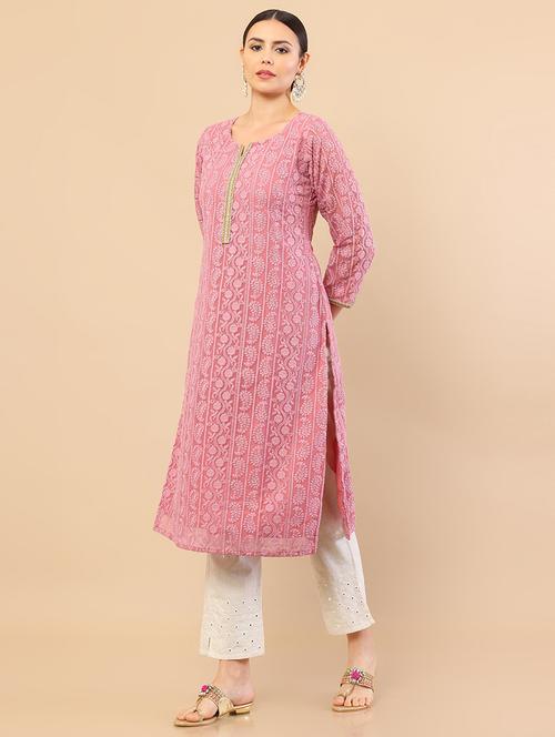 pink chikankari work a-line kurta - 18932522 - Very Small Image - 1