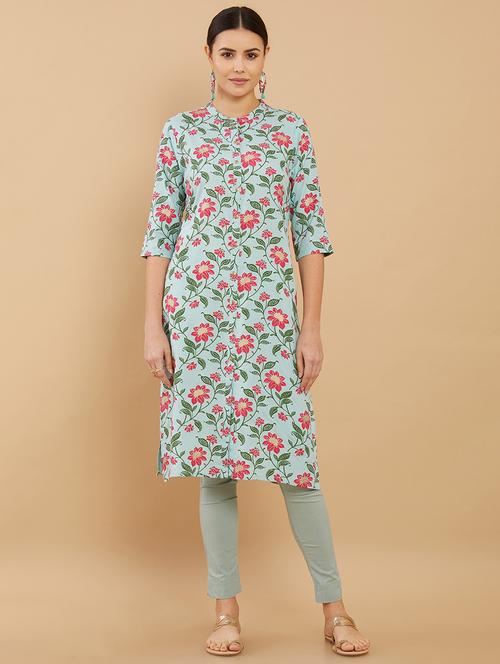 light blue printed straight kurta - 18932612 - Very Small Image - 1