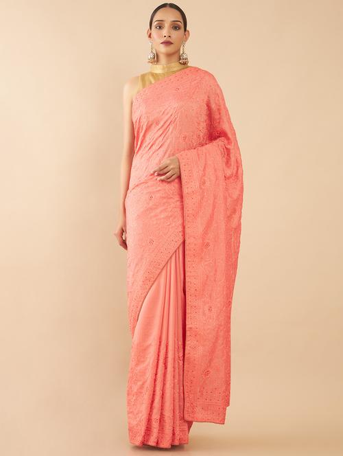 peach embroidered saree - 18932669 - Very Small Image - 1