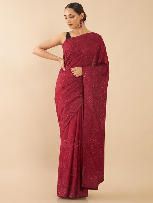maroon embroidered saree with blouse - 18932671 - Very Small Image - 1