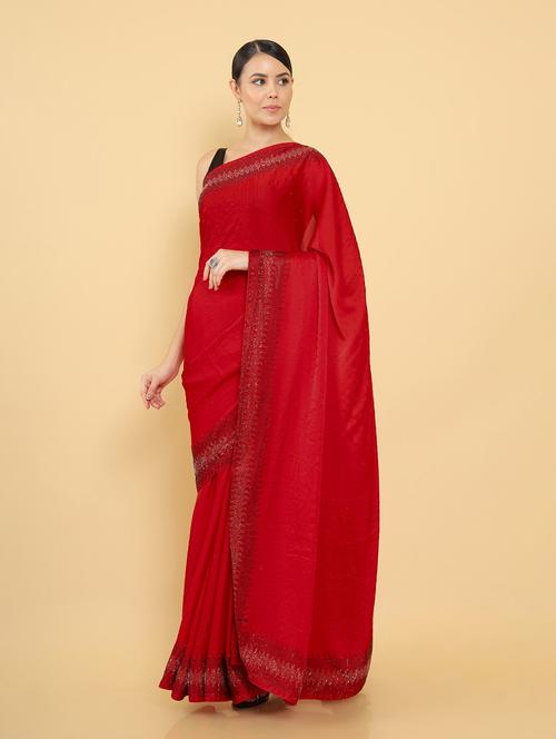 red embellished saree with blouse - 18932678 - Very Small Image - 1