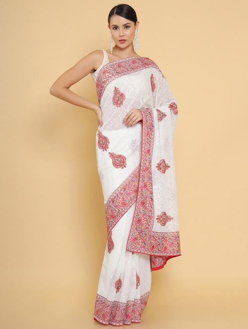 white embroidered saree with blouse - 18932723 - Very Small Image - 1