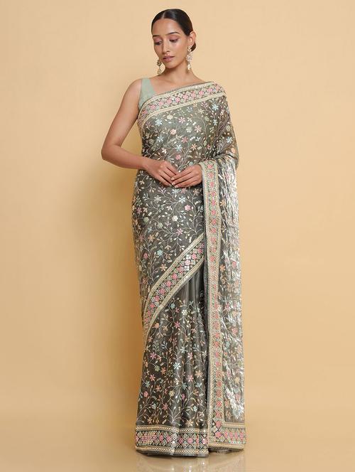 olive organza jamdani saree with blouse - 18932790 - Very Small Image - 1