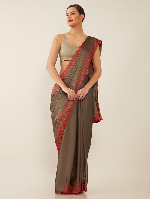olive embroidered saree with blouse - 18932799 - Very Small Image - 1