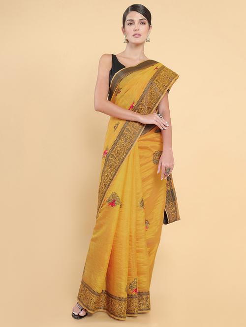 mustard cotton blend jamdani saree - 18932823 - Very Small Image - 1