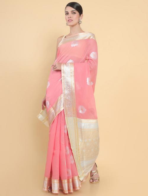 pink chanderi jamdani saree with blouse - 18932826 - Very Small Image - 1