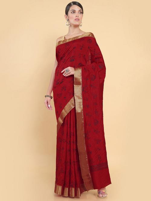 red cotton blend jamdani saree with blouse - 18932829 - Very Small Image - 1