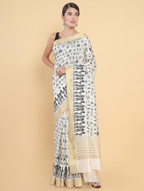 off white printed saree - 18932832 - Very Small Image - 1