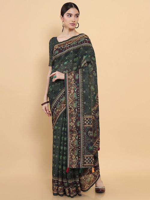 olive chanderi jamdani saree with blouse - 18932855 - Very Small Image - 1