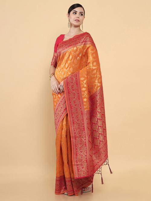 orange silk jamdani saree with blouse - 18932859 - Very Small Image - 1