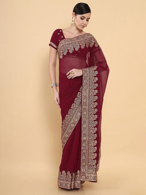 maroon georgette jamdani saree - 18932902 - Very Small Image - 1