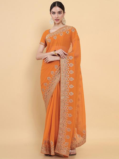 orange georgette jamdani saree with blouse - 18932905 - Very Small Image - 1
