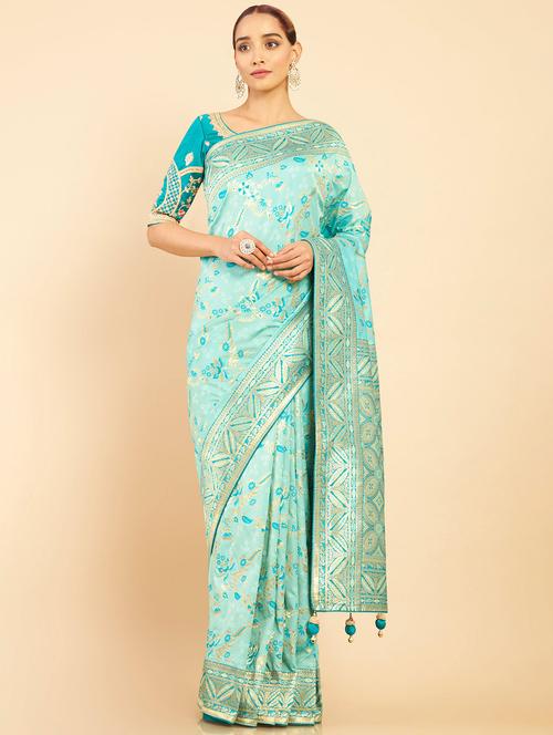 green silk jamdani saree with blouse - 18932919 - Very Small Image - 1