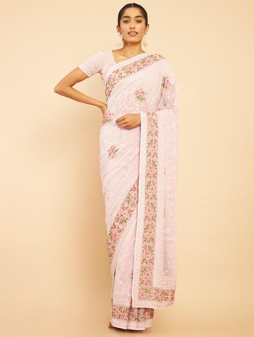 peach chikankari work saree with blouse - 18932946 - Very Small Image - 1