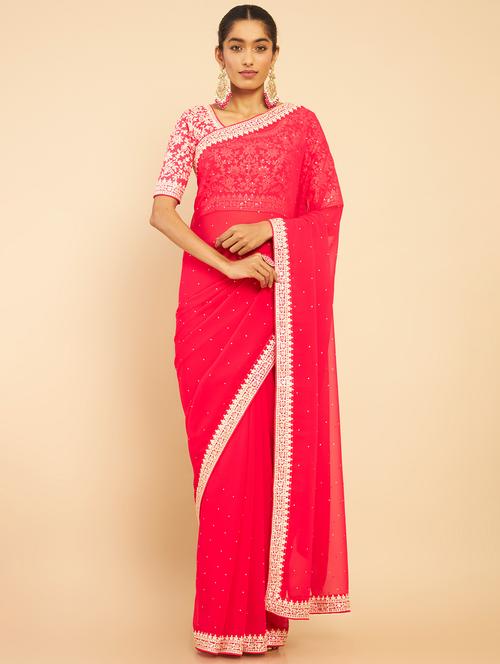 women's solid red colored saree with blouse - 18932973 - Very Small Image - 1