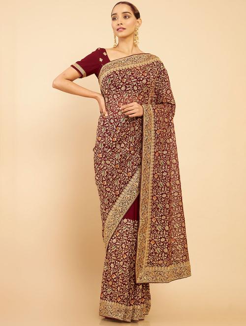 maroon zari work saree with blouse - 18932974 - Very Small Image - 1
