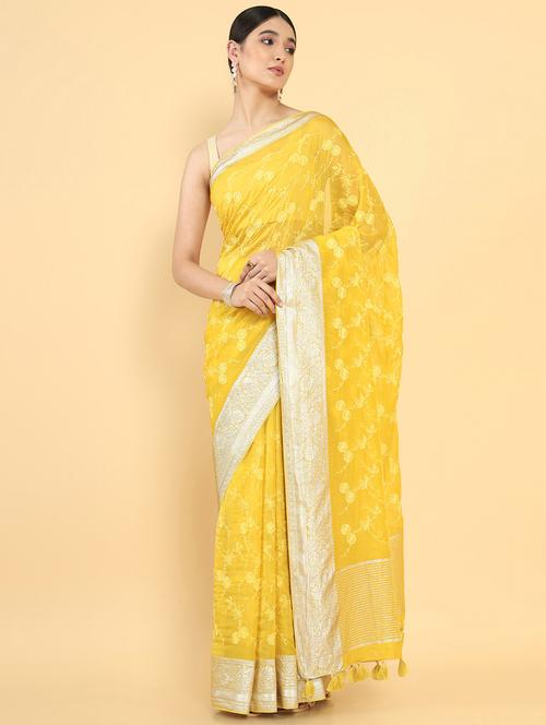 mustard zari work saree with blouse - 18932987 - Very Small Image - 1