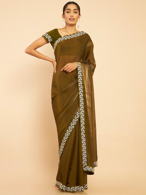 women's solid olive colored saree with blouse - 18933024 - Very Small Image - 1