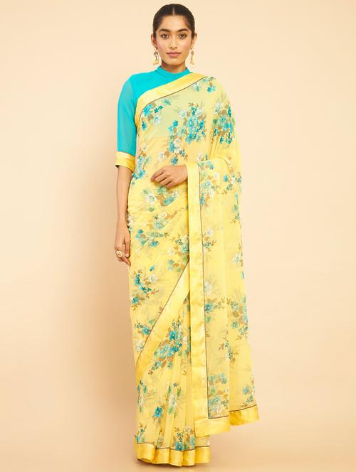 yellow printed saree with blouse - 18933037 - Very Small Image - 1