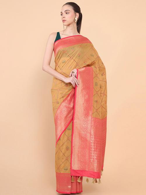 mustard silk jamdani saree with blouse - 18933077 - Very Small Image - 1