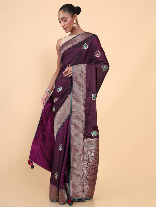 purple crepe jamdani saree with blouse - 18933086 - Very Small Image - 1