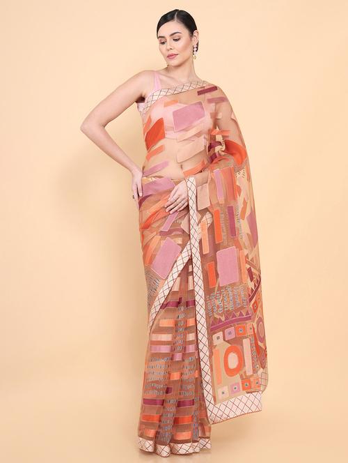 orange organza jamdani saree with blouse - 18933191 - Very Small Image - 1