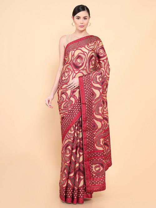 maroon organza jamdani saree with blouse - 18933197 - Very Small Image - 1