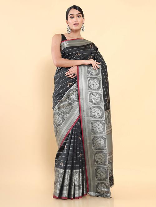 women's self design black colored saree with blouse - 18933219 - Very Small Image - 1