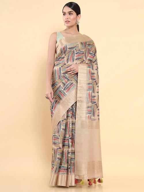 zari bordered printed saree with blouse - 18933229 - Very Small Image - 1