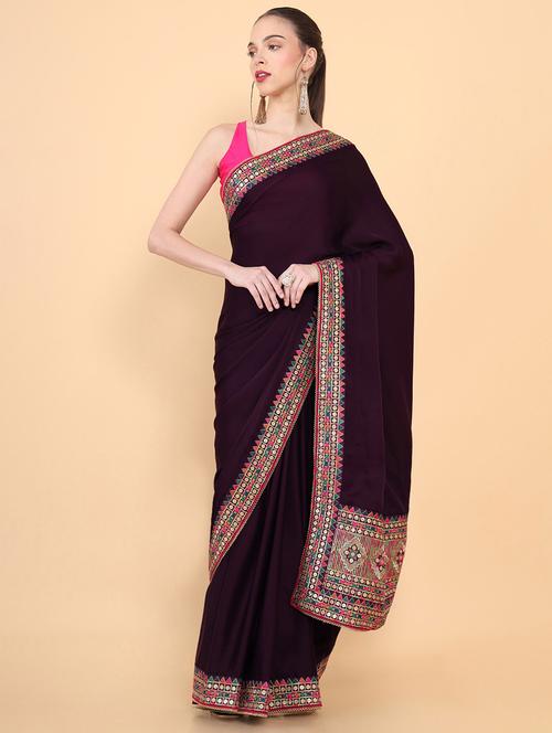 solid with borderd saree with blouse - 18933254 - Very Small Image - 1