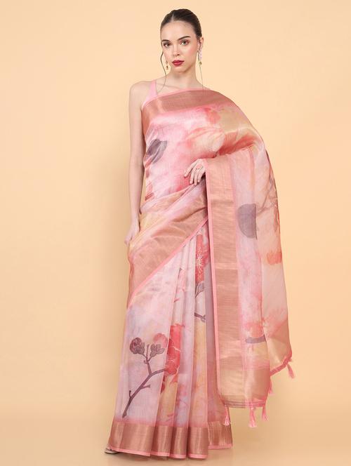 zari bordered printed saree with blouse - 18933266 - Very Small Image - 1